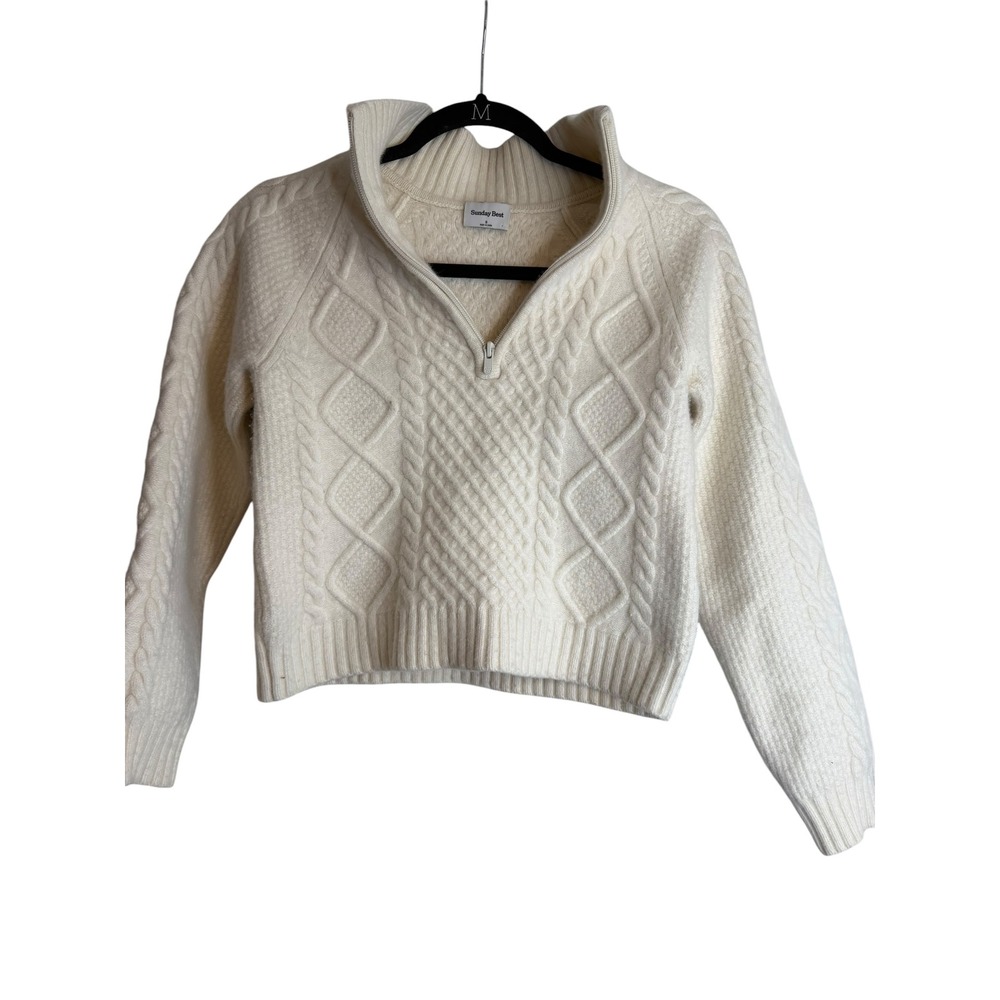 Aritzia Sunday Best Wool Blend Cable Knit Quarter Zip Sweater Cream White Small